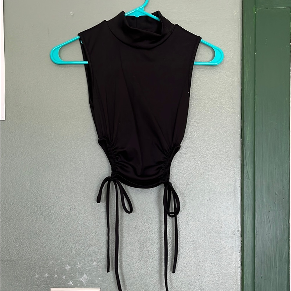 Black Sleeveless Top with Drawstring Detail